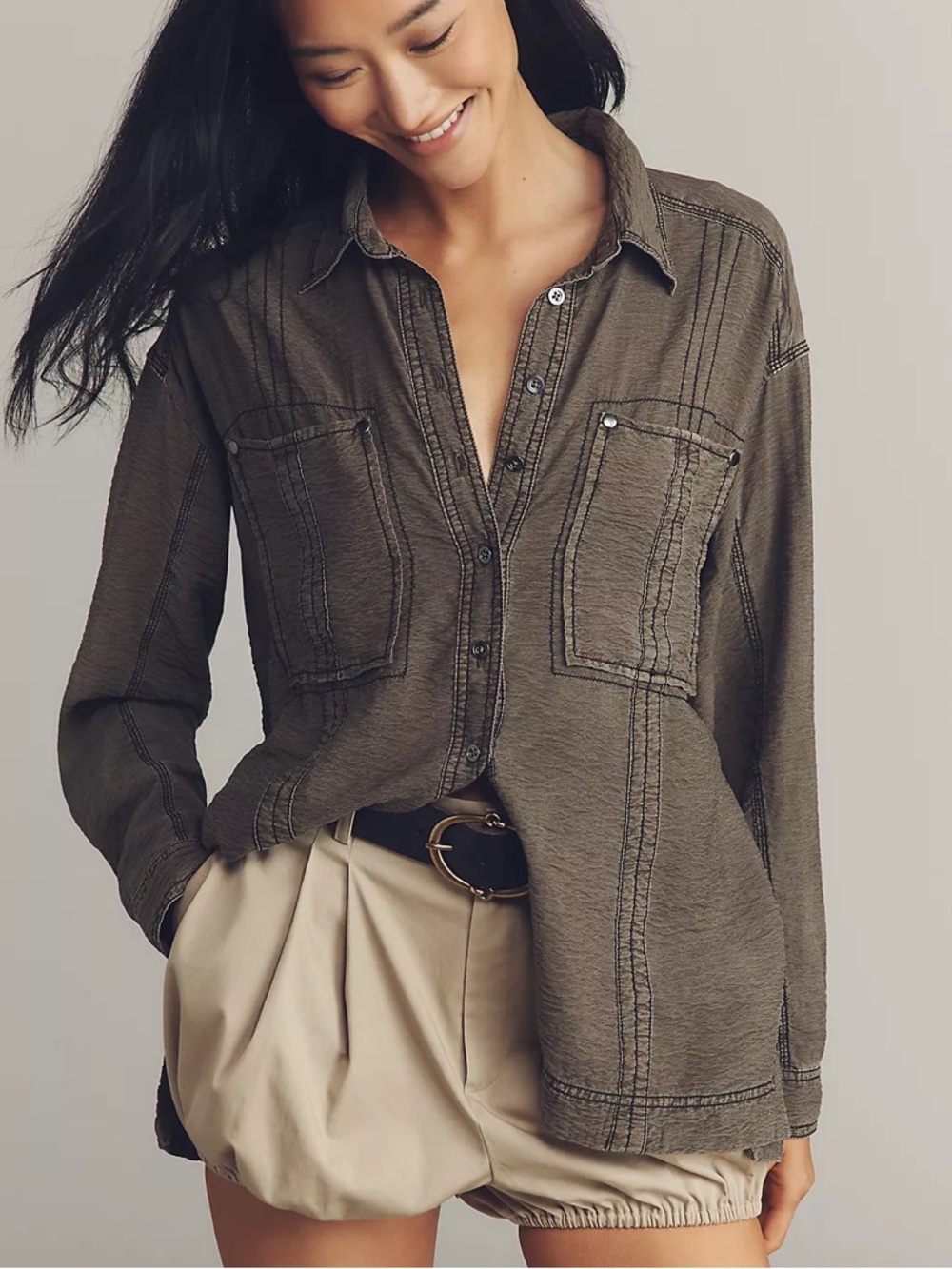 Pilcro Anthropologie Olive Utility Button Down Shirt Medium Relaxed Fit